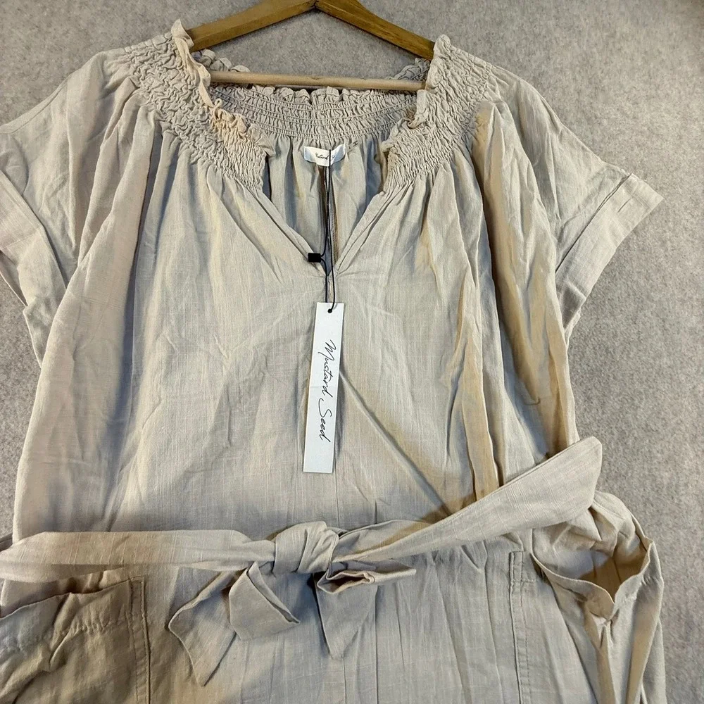 Mustard Seed Womens Beige Smocked Neck Belted Romper‎ Size Large NWT